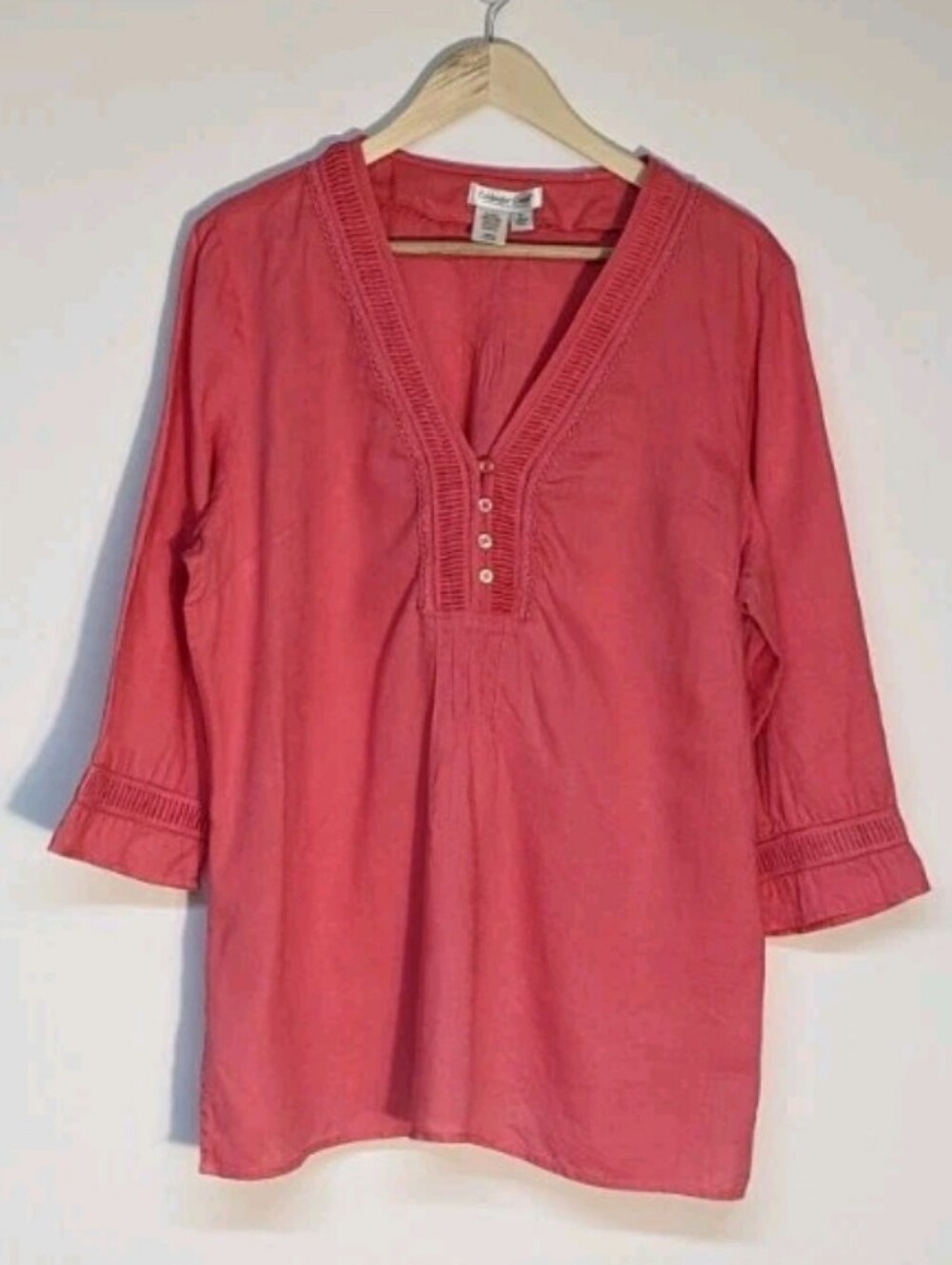 Coldwater Creek 100% Linen Coral Pink V-Neck Button-Accent Tunic Top, XL